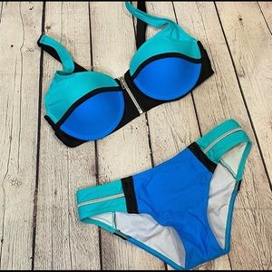 Blue Teal Colorblock Zipper bikini